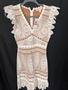 Michael Kors White Crochet Lace V-Neck Dress with Scalloped Trim